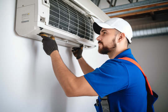Air conditioning technician servicing a wall-mounted AC unit in Westminster, CO