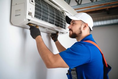 Air conditioning technician servicing a wall-mounted AC unit in Westminster, CO