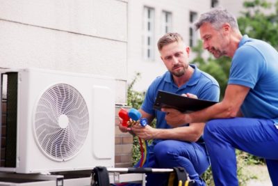 HVAC technicians reviewing an outdoor air conditioning unit in Westminster, CO